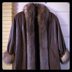 Full length leather fur swing coat